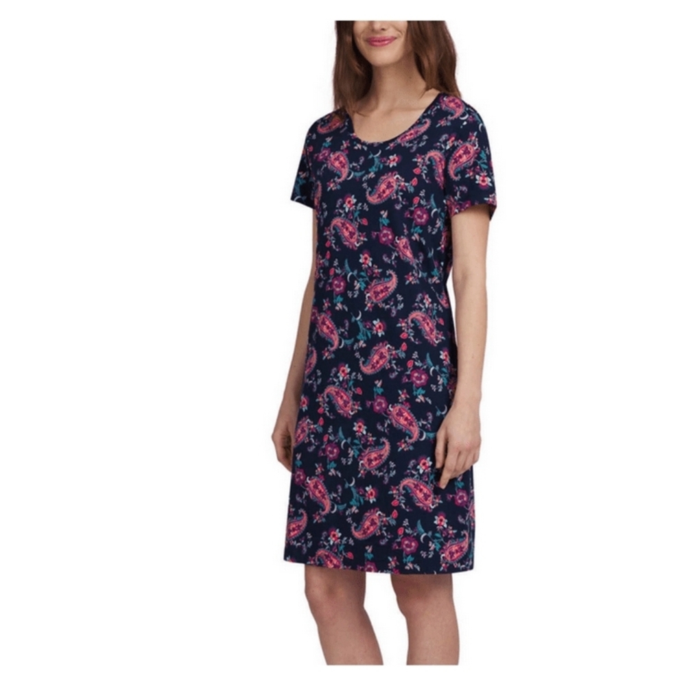 Lands' End 100% Cotton Navy Paisley Short Sleeve Dress